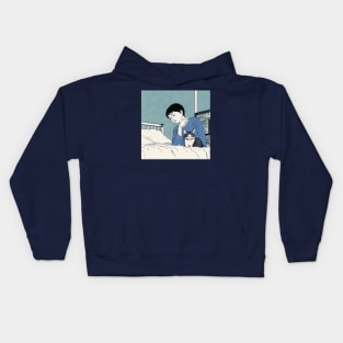 Traditional Japanese art of man with cat on the bed Kids Hoodie